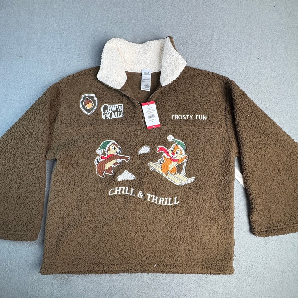 Disney Chip & Dale Sherpa Fleece Pullover Brown Quarter Zip XL Frosty Fun NWT
